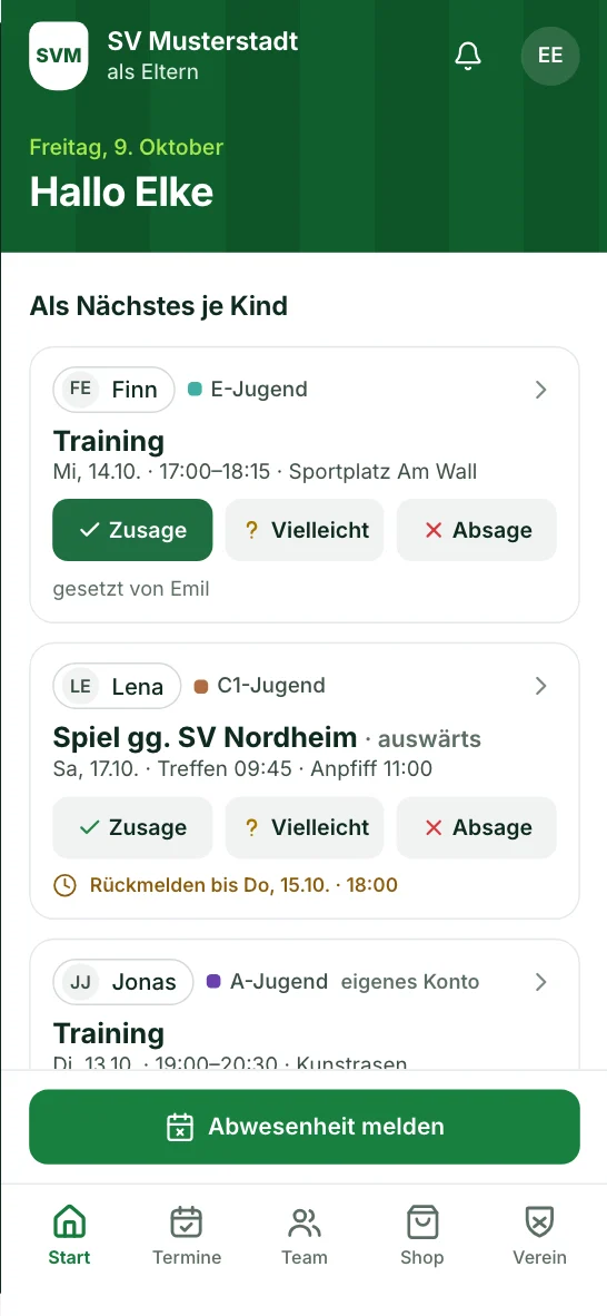 Startseite der Eltern: Termine von drei Kindern in verschiedenen Teams, mit Antwort für jedes Kind