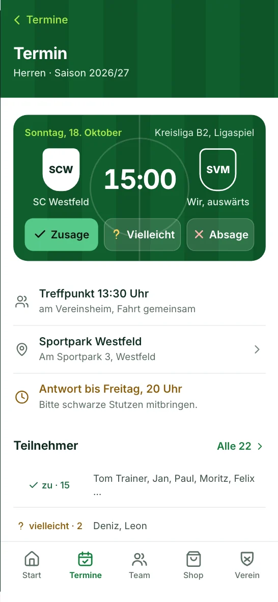 Termin in der App: Spiel gegen SC Westfeld mit Zusage, Treffpunkt und Antwortfrist