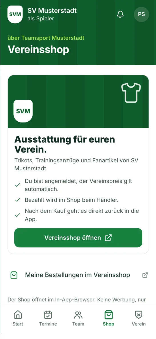 Vereinsshop in der App: Ausstattung für den Verein und Knopf zum Öffnen des Shops