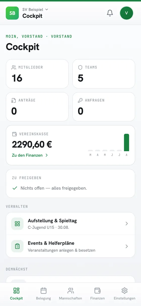 Cockpit am Handy: Mitglieder, Teams, Vereinskasse und die nächsten Termine